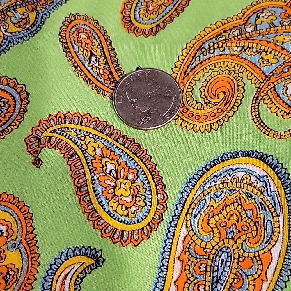 Green Paisley Floral print fabric with bold oranges and blues - 0.7 yrd